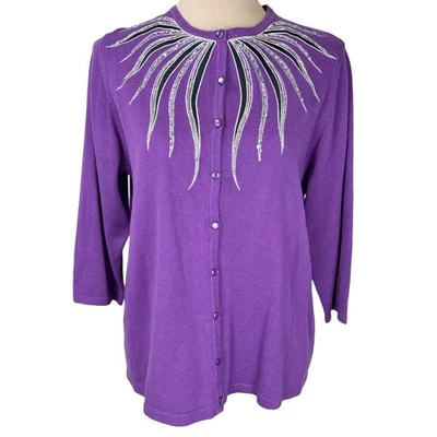 Vintage Bob Mackie Wearable Art Cardigan Purple Embellished 3/4 Sleeve Large - Image 1 of 4