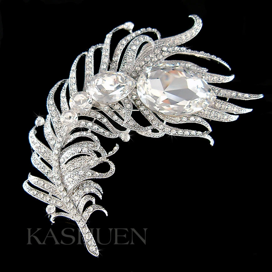 Peacock Feather made with Swarovski Crystal Sash Bridal Wedding Dress Pin Brooch - Image 1 of 1