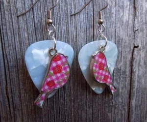 Gingham and Flower Bird Charm Guitar Pick Earrings - Pick Your Color - Picture 1 of 4