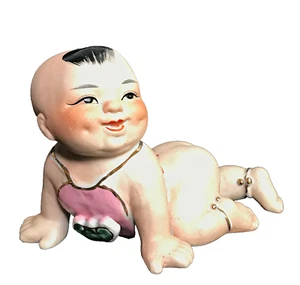 Chinese Oriental Baby Crawling Ceramic  7" Figurine Hand Painted Vintage - Picture 1 of 5