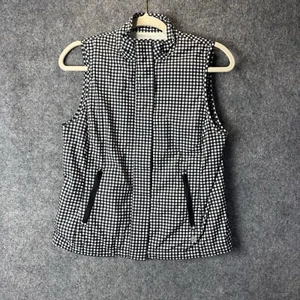 T by Talbots Vest Women's P Black White Gingham Plaid Terry Lined Zip Pockets - Picture 1 of 11