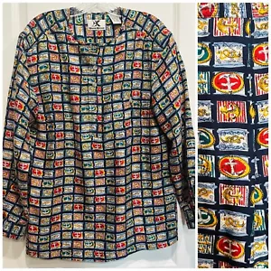 VINTAGE 80s Blouse Silk Women Small Nautical Colorful Artsy Print Art Physodelic - Picture 1 of 12