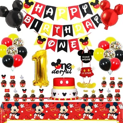 Decoraciones de fiesta de primer cumpleaños de Mickey Mouse, suministros de fiesta incluidos banner Foto 1 de 4