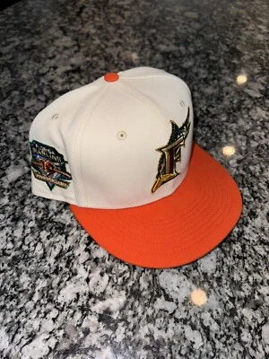 7 1/2 FLORIDA MARLINS 10TH ANNI "OFF WHITE / DARK SOLAR FLARE " NEW ERA HAT - Image 1 of 4