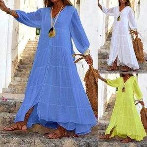 Womens Cotton Linen Boho Maxi Dress Ladies Long Sleeve Loose Smock Sundress US - Picture 1 of 5