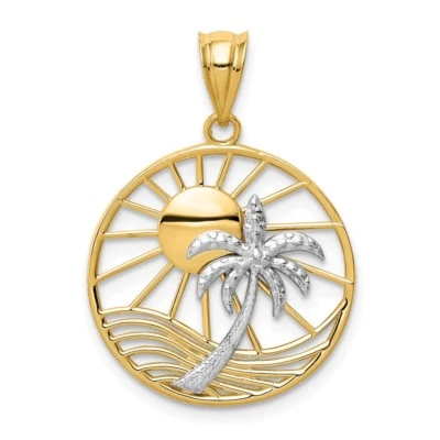 14K Two Tone Gold Polished Textured Sun and Palm Tree in Round Frame Pendant - Image 1 of 2