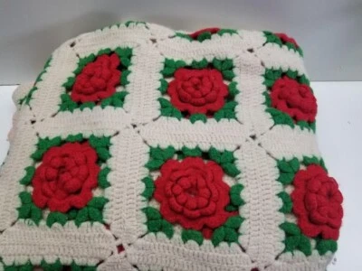 Manta afgana abuela ganchillo 3D rosas rojas hinchadas flores 60X60 sin problemas Foto 1 de 2