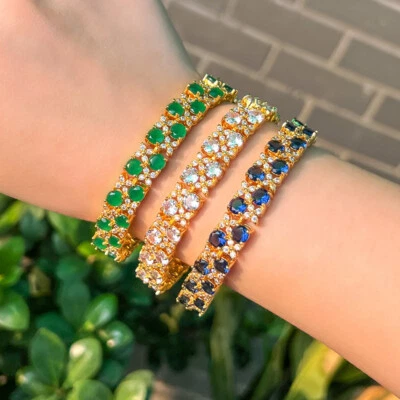 Women Flower Round Cubic Zircon Wide Tennis Gold Plated Bracelet Wedding Jewelry Foto 1 de 4