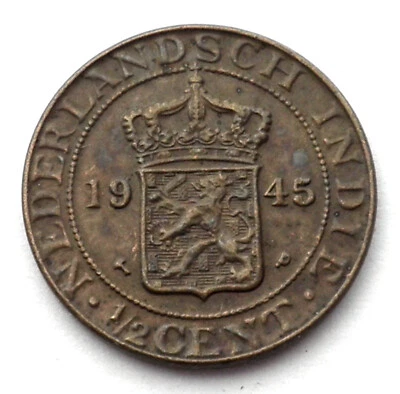 PAÍSES Bajos indias orientales 1/2 centavo 1945 km#314,2 Philadelphia Mint. 1F1.9 Foto 1 de 2