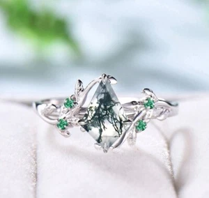 Natural Moss Agate Ring Leaf Ring Sterling Silver Nature Ring Gift for Her - Picture 1 of 3