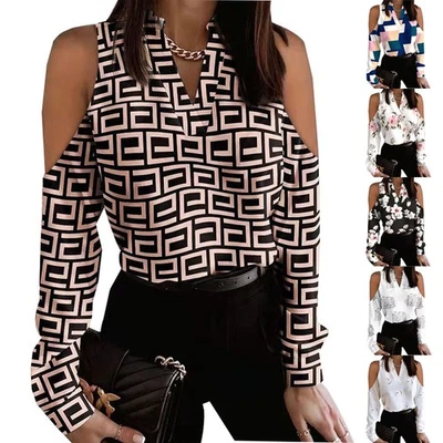 Womens Plus Size V-Neck Cold Shoulder Tops T-Shirts Long Sleeve Loose Blouse Tee - Image 1 of 4