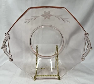 Vtg Lancaster Pink Depression Etched Glass Octagon Serving Bowl w/Handles 11" - Imagen 1 de 11