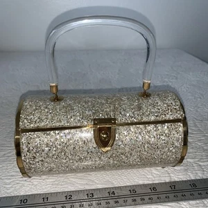 MCM Vintage Confetti Lucite Barrel-shaped Purse 1950s Lucite handles READ - Picture 1 of 8