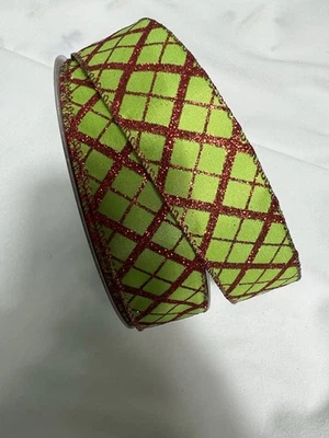 10 Yards 1.5 Inch Wired Winter Christmas Lime Green Red Sparkly Ribbon - Image 1 of 2