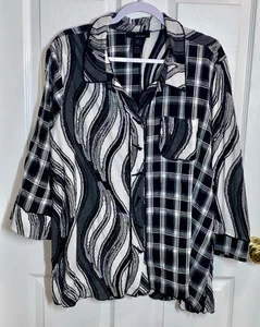 Ali Miles Tunic Top Womens 2X Black White Textured Button Lagenlook Topper Artsy - Picture 1 of 10