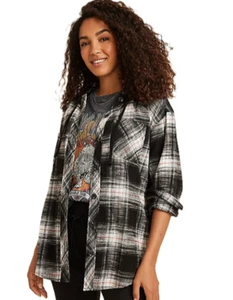 Maurices~New With Tags~Black Plaid Boyfriend Hooded Button Down Shirt~Size Large - Picture 1 of 5