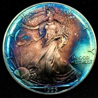 1995 $1 ASE AMERICAN SILVER EAGLE BU.SUPERB  BRONZE/BLUE  WILD TONED.