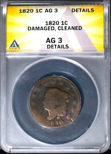 1820 1c Coronet Head Large Cent AG 3 Details ANACS # 7577373 + Bonus - Picture 1 of 2