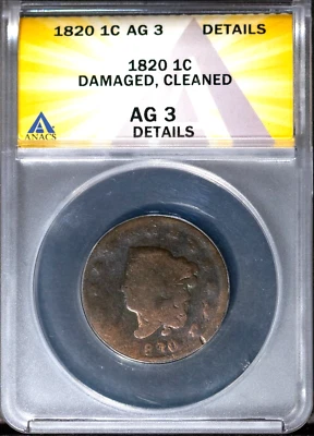 1820 1c Coronet Head Large Cent AG 3 Details ANACS # 7577373 + Bonus - Image 1 of 2