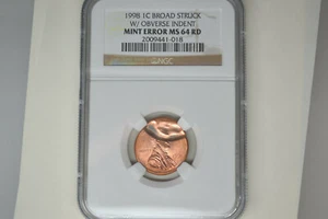 1998 Lincoln Cent- Broad Struck With Obverse Indent- NGC MS-64 RD. Dramatic! - Picture 1 of 8