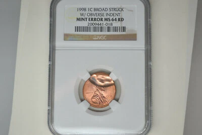 1998 Lincoln Cent- Broad Struck With Obverse Indent- NGC MS-64 RD. Dramatic! - Image 1 of 4