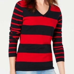 NWT TOMMY HILFIGER Women's Plus Size Cotton Rugby-stripe V-Neck Sweater Top 1X - Picture 1 of 3
