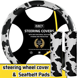 Leather Breathable Anti-slip Car Accessories Cow Print Car Steering Wheel Cover.