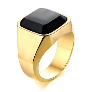 Plated Mens Stainless Steel Black Stone Ring Signet Wide Wedding Band Size #7-13 - Picture 1 of 15