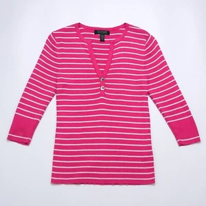 Ralph Lauren Womens Pink 3/4 Sleeve Striped V-Neck Cotton Petite Jumper Size M - Picture 1 of 6