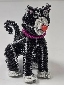 Alambre con cuentas 3" gato sentado, esmoquin negro/cuello rosa/nariz roja-nuevo/como nuevo - Imagen 1 de 8