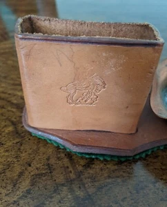 Leather & Copper Cigarette Box Holder & Ashtray Cowboy Riding Horse Vintage - Picture 1 of 9