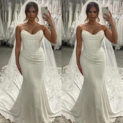 Satin Wedding Dresses Sleeveless White Ivory Mermaid Beach Elegant Bridal Gowns - Image 1 of 4
