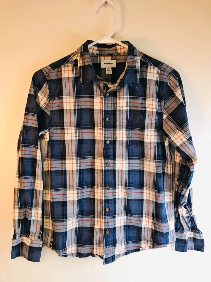 Camisa Sonoma Niño Talla Grande Azul Blanco Naranja Abotonada A Cuadros Manga Larga Foto 1 de 4