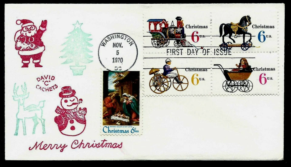 USA, SCOTT # 1414, 1415-1418, FDC COVER OF CHRISTMAS TOYS 1970, DAVID C. CACHETS - Image 1 of 1