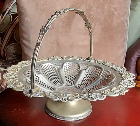 Vtg Silver Filigree Fruit Basket w/ Floral & Scroll Design - Swing Handle 12"x4" Cover