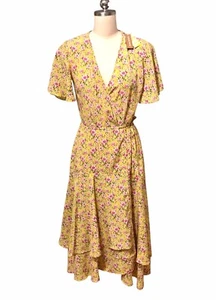 Roller Rabbit Yellow Floral Flutter Wrap Dress NWT Midi Ruffle Cottagecore Sz XS - Picture 1 of 11