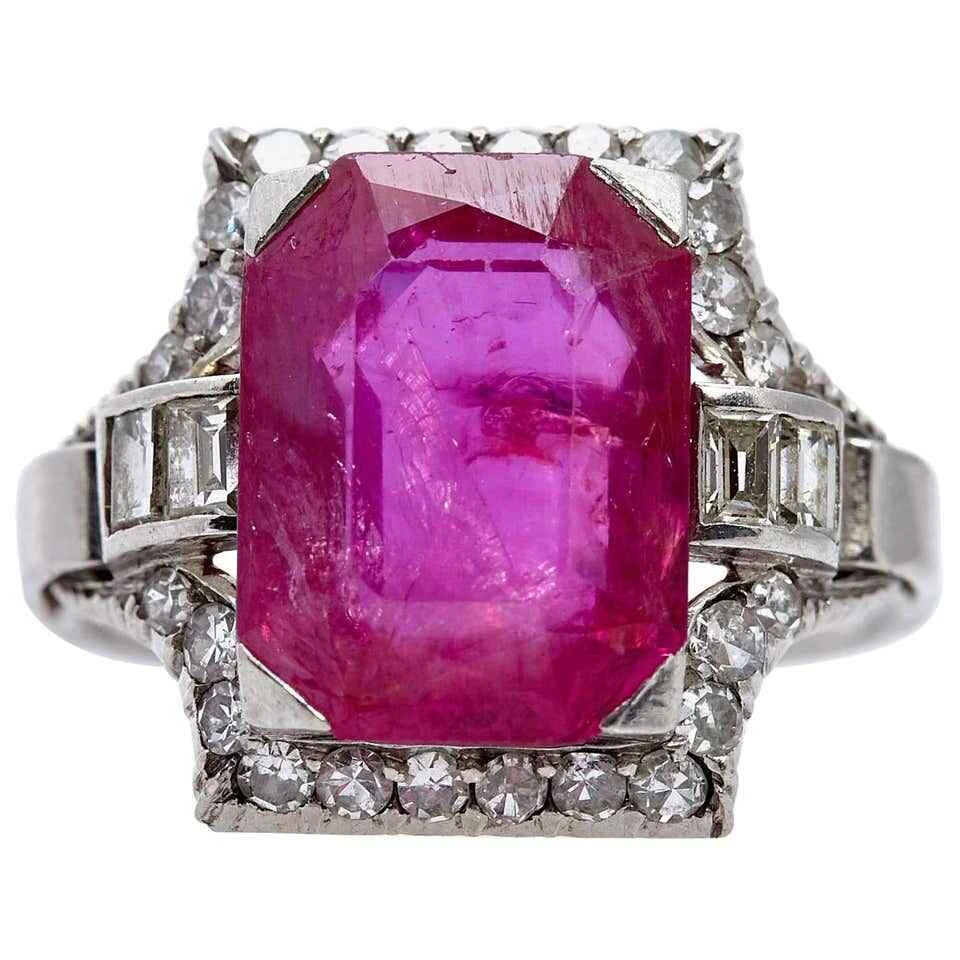 Fine Emerald Cut Burma Pink 7.63CT Ruby With Old Mine Cut CZ Classic Women Ring - Image 1 of 4