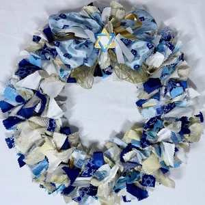 HANUKKAH RAG WREATH 14" HANDCRAFTED DOOR WALL DECOR BEAUTIFUL ONE OF A KIND GIFT - Picture 1 of 5