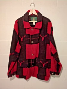 Men's Vtg Orvis Mackinaw Wool Coat Jacket Red Black Buffalo Plaid Elk Large / XL - Picture 1 of 9