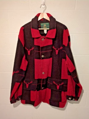 Men's Vtg Orvis Mackinaw Wool Coat Jacket Red Black Buffalo Plaid Elk Large / XL - Image 1 of 4