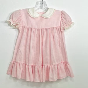 Vintage Bryan Baby Dress Sz 24mo Pink Swiss Dot Lace Peter Pan Collar Ruffle - Picture 1 of 6