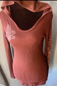 Haut à capuche Vocal Y2K marron manches longues avec strass fleur de lis femme petit - Photo 1/12