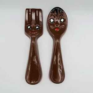 Chalkware Anthropomorphic Kitschy Fork Spoon Kitchen Retro Style Wall Plaque - Picture 1 of 3