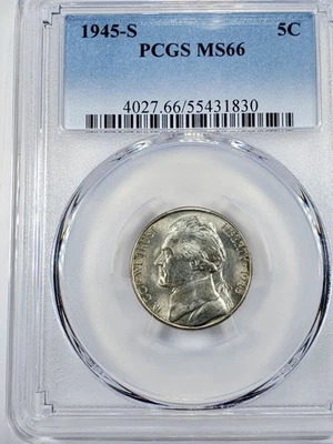 1945-S 5C JEFFERSON NICKEL 35% Silver PCGS MS66  - Image 1 of 4