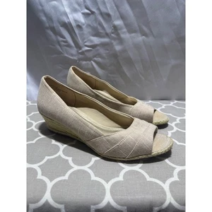 Coach and Four Espadrille Wedge Sandals Peep Toe Tan Fabric Women's Size 10 - Picture 1 of 7