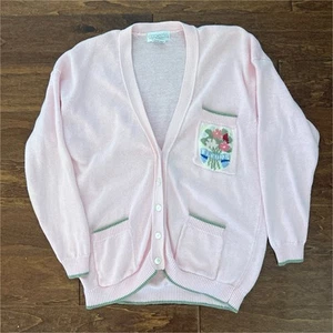 Vintage 90s Capezio Button Front Cottagecore Grandma Cardigan Sweater Large Pink - Picture 1 of 6