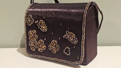 Valerie Stevens Small Dark Satin Evening Bag Convertible Clutch Beaded Butterfly - Image 1 of 4