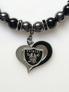 Las Vegas Raiders Car Mirror Ornament Black Onyx and Dark Silver Hematite Beads - Picture 1 of 10