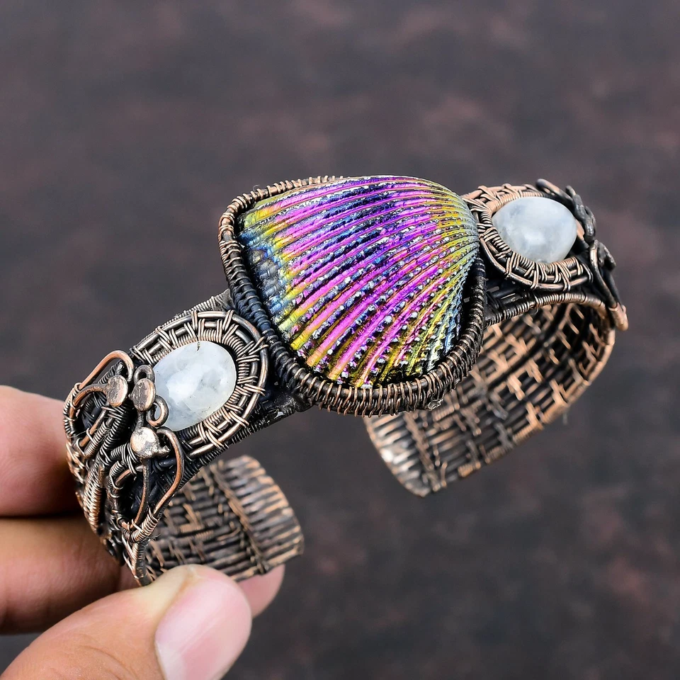 Titanium Coated Shell Stone Rainbow Moonstone Copper Wire Wrapped Wedding Bangle - Image 1 of 1