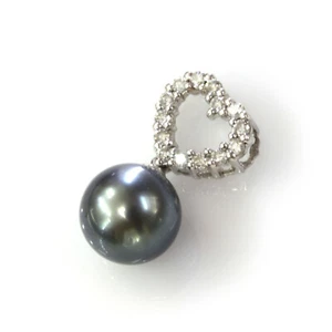 9 MM Black Tahitian Pearl & Diamond Solid 14k White Gold Heart Drop Pendant 20MM - Picture 1 of 4
